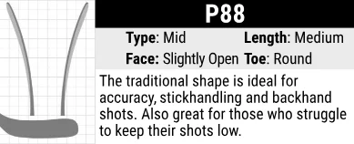 Bauer P88 Hockey Stick Blade Curve: Mid Curve, Slightly Open Face, Medium Length and Round Toe. Traditional curve that offers excellent versatility. It is easy to control the puck with and excels on all shots including the backhand.