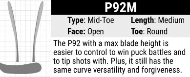 Bauer P92 Max Hockey Stick Blade Curve: Mid-Toe Curve, Medium Length, Open Face and Round Toe. P92 curve with additional material on top of the blade that provides better control on bad ice, puck battles, tipping pucks and faceoffs.
