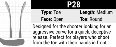 Bauer P28 Hockey Stick Blade Curve: Toe Curve, Medium Length, Open Face and Round Toe. Its unique design helps a player to shoot with the hands out front and close to the body, making it quick and easy to snipe all parts of the net.